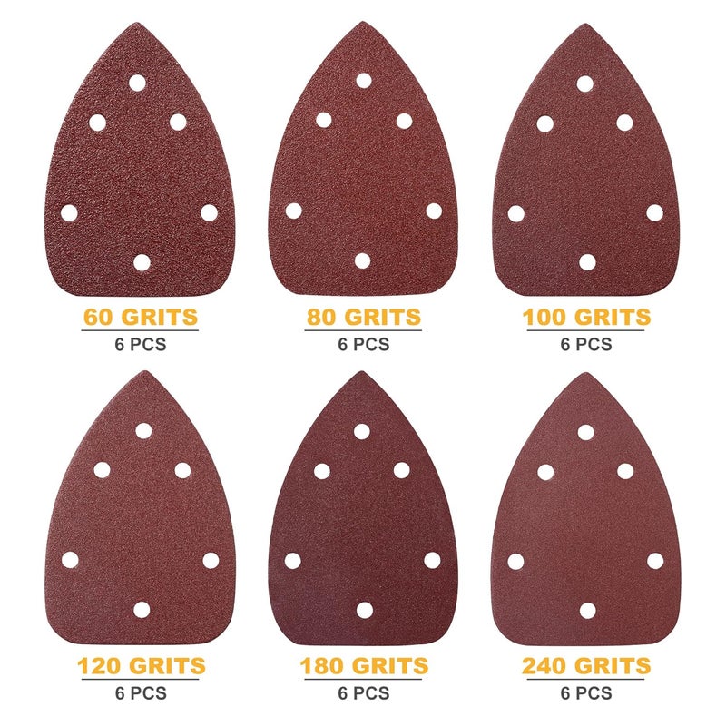 Shawya 36 PCS Mouse Sander Sandpapers 6 Hole Mouse Sand Paper Detail Sander Sanding Disc Mouse Sander Pads Hook and Loop Triangle Sandpaper (60/80/100/120/180/240) -6 PCS for Each Grit - Image 4